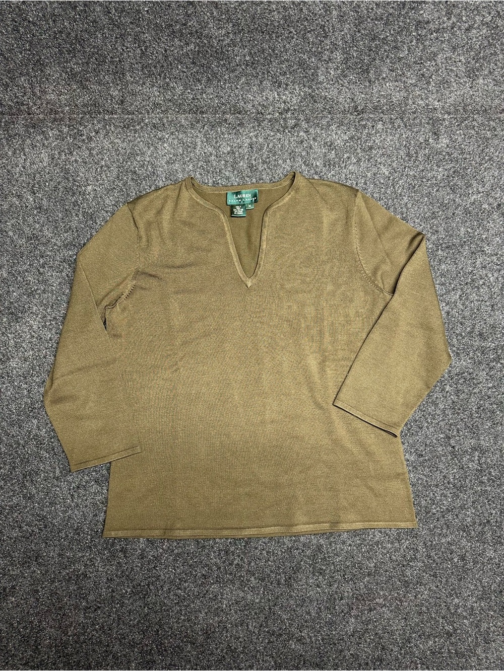Womens Knit Blouse Lauren Ralph Lauren M Olive Green Silk Blend Keyhole V-Neck
